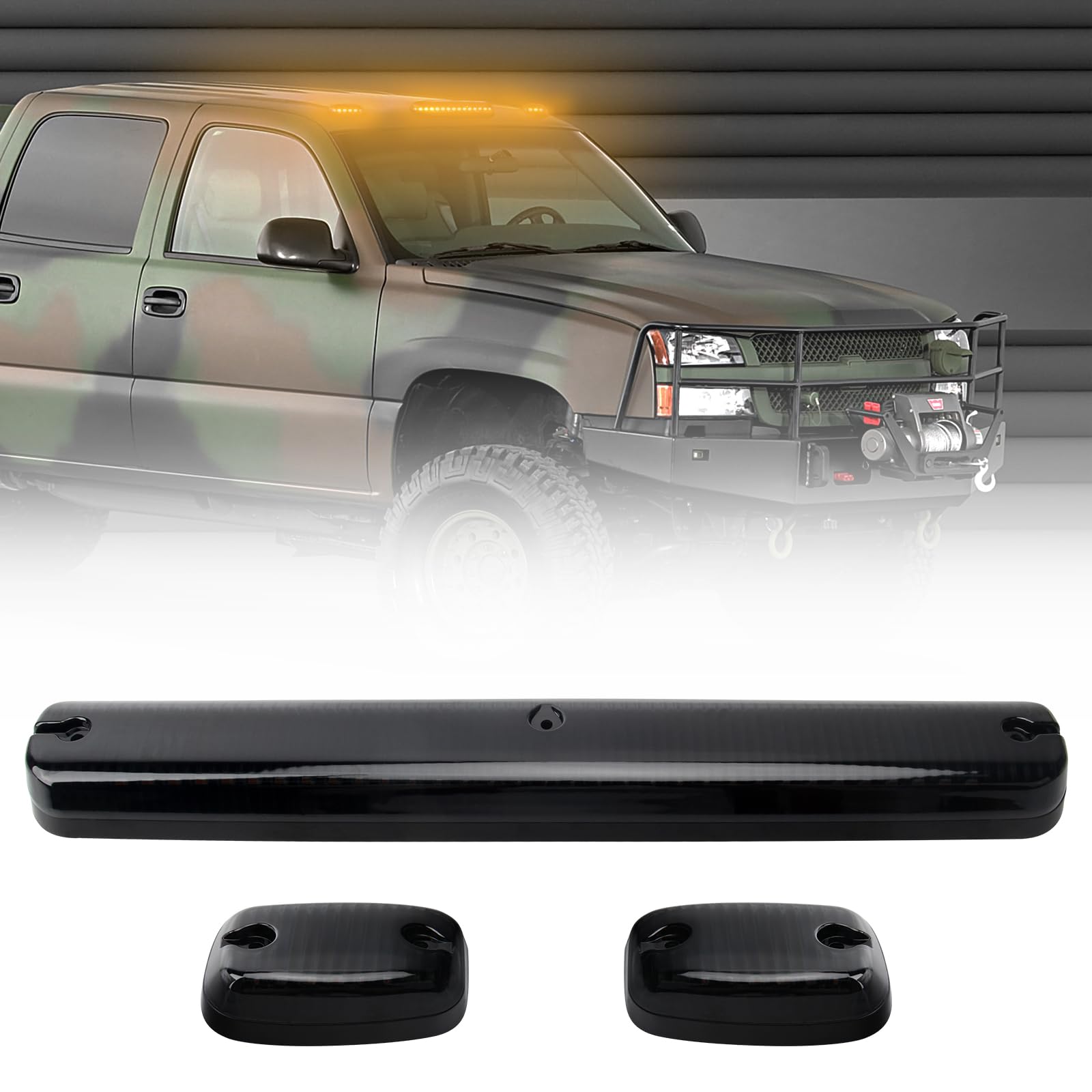 Silverado Cab Lights Amber 30 Led, Smoke Cover Lens Cab Marker Top Roof Running Light Assembly, 3PCS Fit for 2007-2014 Chevy Silverado Sierra (DK035)