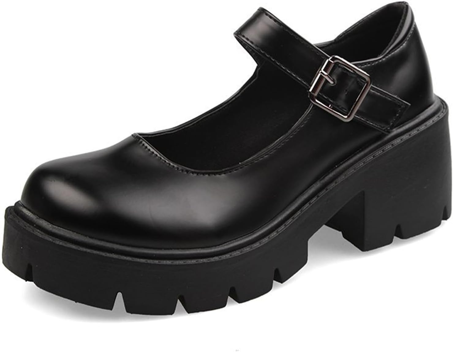 Women's Leather Chunky Platform Mary Jane Shoes Classic Round Toe Ankle Strap Chunky Heel Lug Sole Work Dress Pumps