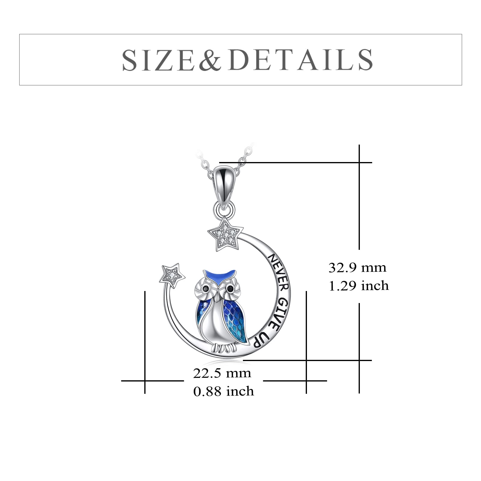 YFN Owl eulen Halskette Inspirierender Schmuck Sterling Silber Geben Sie niemals auf Eulengeschenke Moon Star Halskette für Frauen Girlsr (Blue)