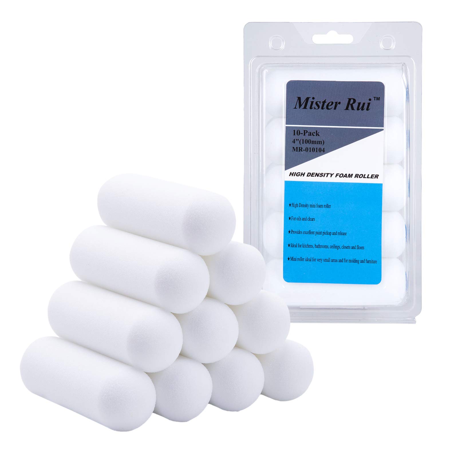 Mister Rui 4" Foam Paint Roller Cover | Pack Of 10 Foam Paint Roller, 4 Inch Sponge Paint Roller, Gloss Roller Set For Painting, Small Paint Roller,4 Inch Foam Rollers 10 Packs