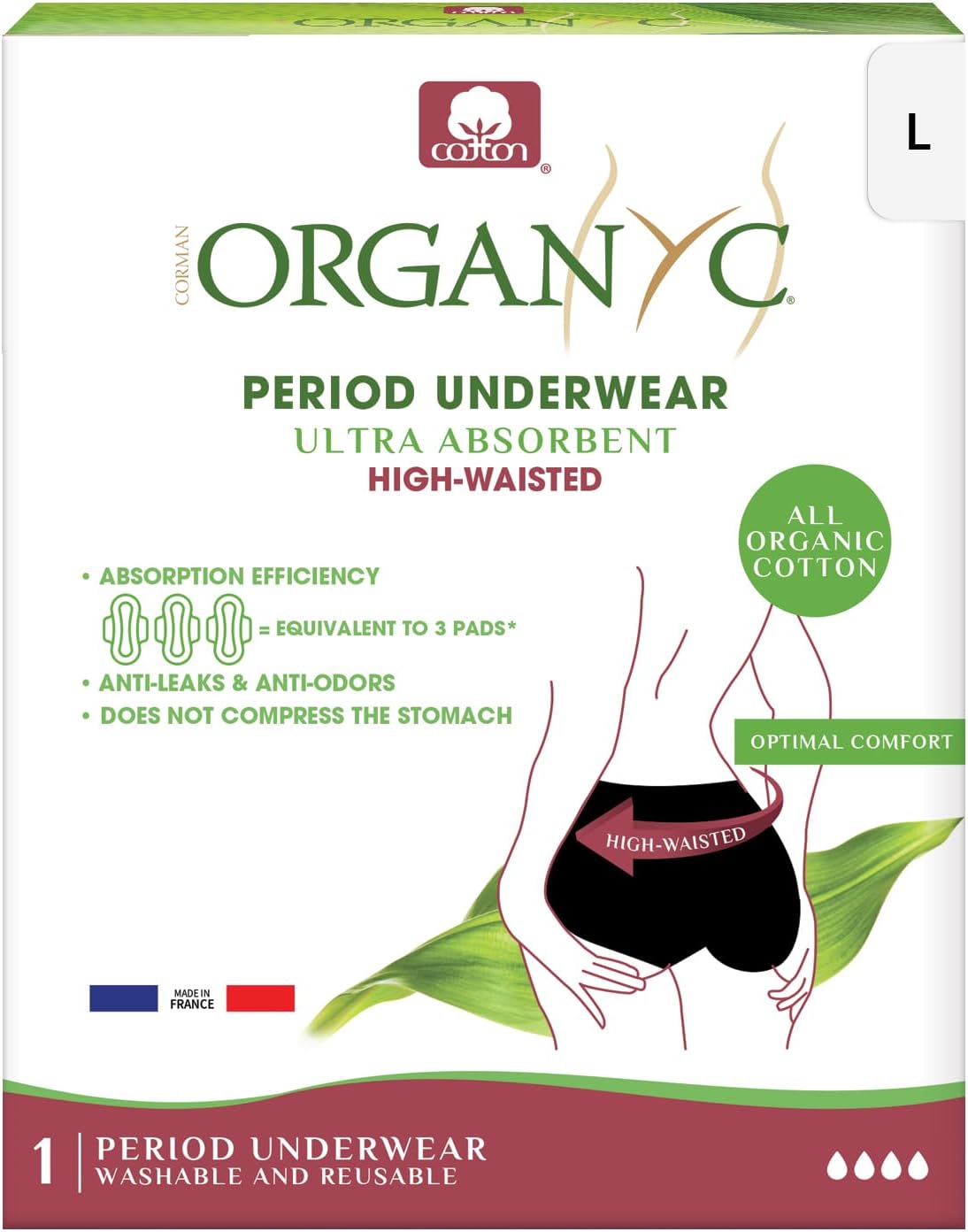 Organyc Organic Cotton Reusable Menstrual Pants, Period Underwear for Women, Extra Absorbent, High Waist, Black, L