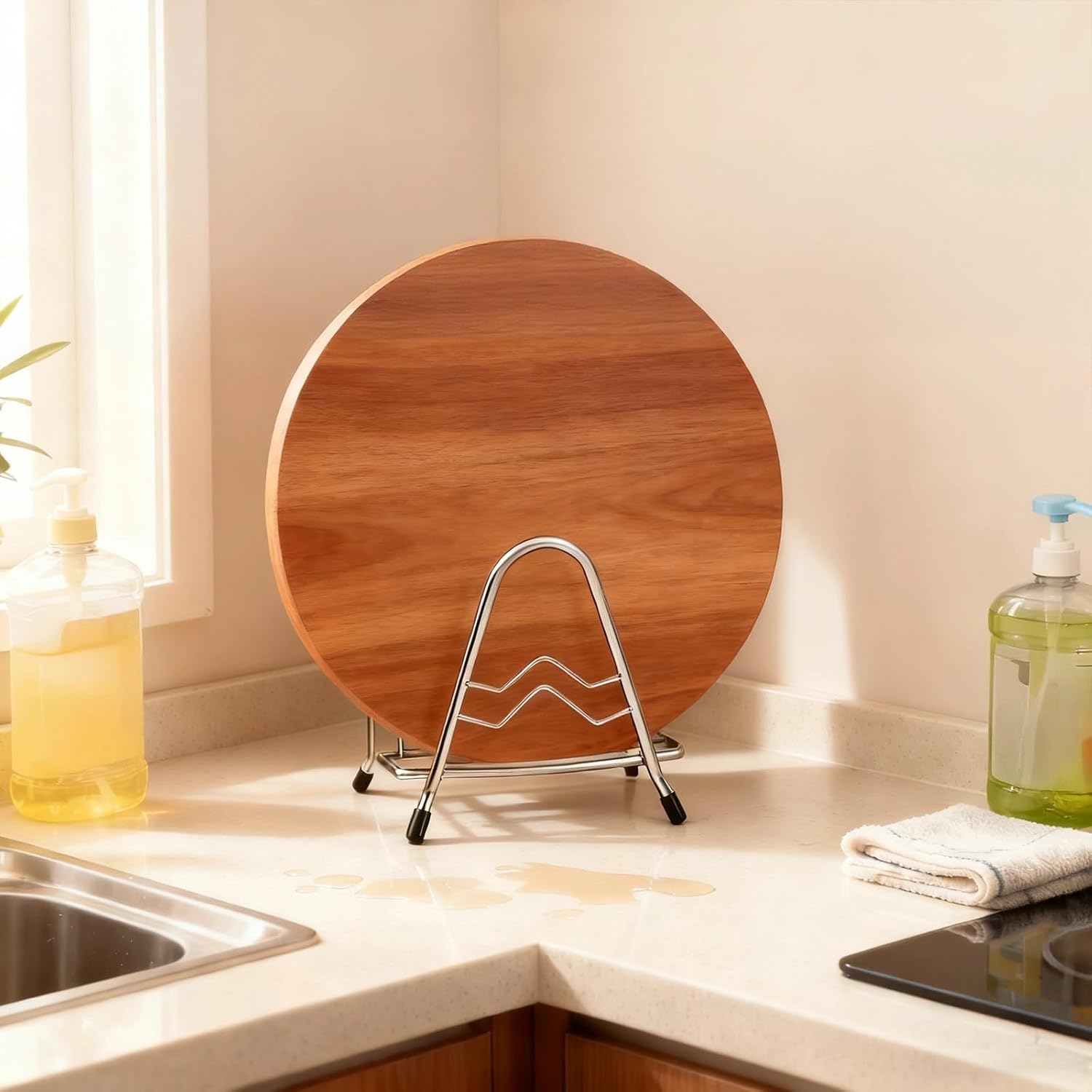 Space-Saving Cutting Board Holder, 304 Stainless Steel, Thickened, Anti-Slip Silicone Feet, Pot Pan Lid Storage, Rustproof, Kitchen Organizer