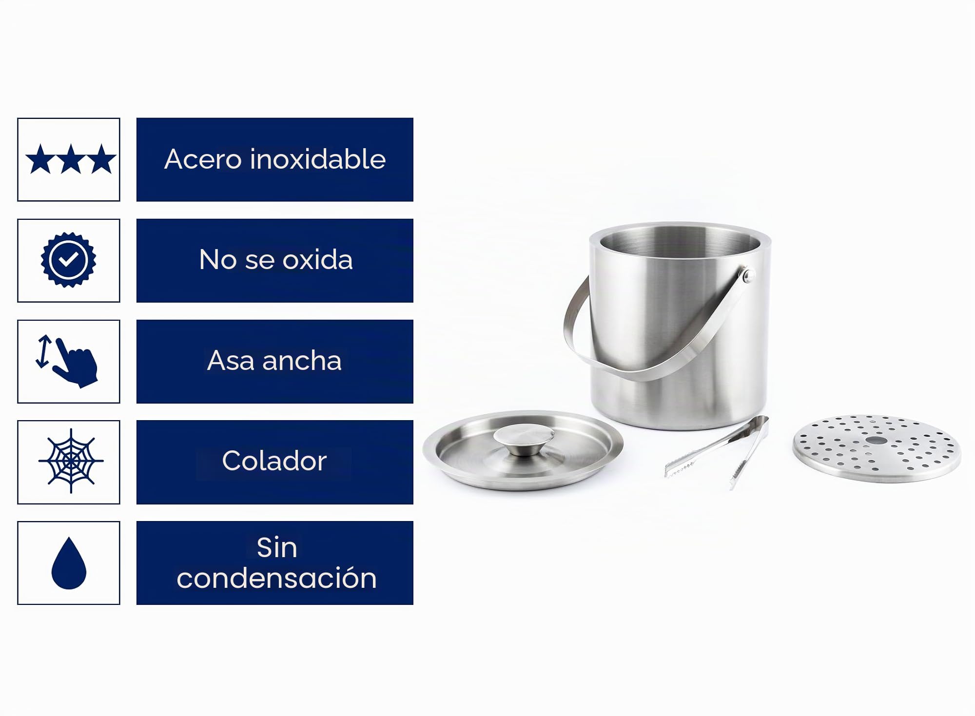 Hanseküche Cubitera grande de 3 l, incluye tapa, pinzas y doble base, acero inoxidable 304, doble pared, aislado, efecto térmico muy largo, ideal para mantener el frío durante mucho tiempo