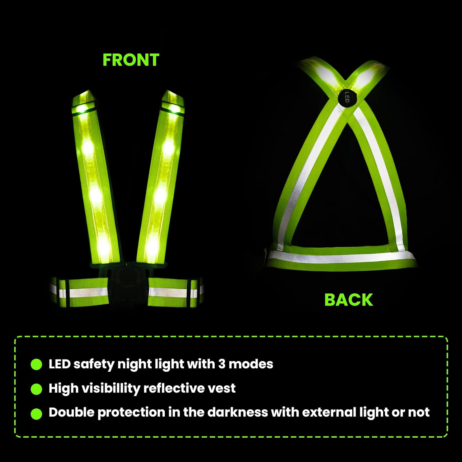 TAGVO LED Reflective Safety Vest with Storage Bag, USB Charging LED Reflective Vest, Night Light up Vest, Adjustable Elastic Running Gear Reflector Straps for Sports Outdoor Cycling Walking Working