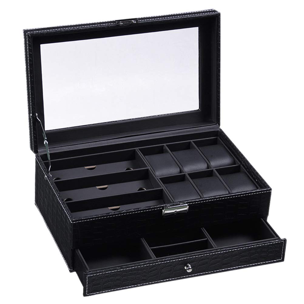 Boîte à Bijoux rétro Classique en Cuir PU, étui à Lunettes et Montres à Double Motif, Rangement pour Lunettes et Montres, Cadeau pour Femmes