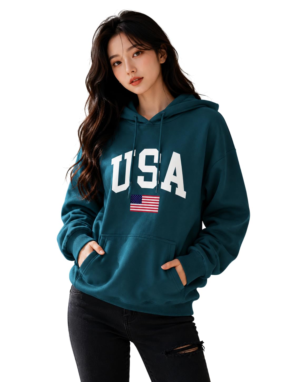 Women's Oversized Hoodie Sweatshirt | Graphic USA Print Hooded Pullover | Long Sleeve Fleece Hoodie with Kangaroo Pocket | Casual Winter Wear-picture-22