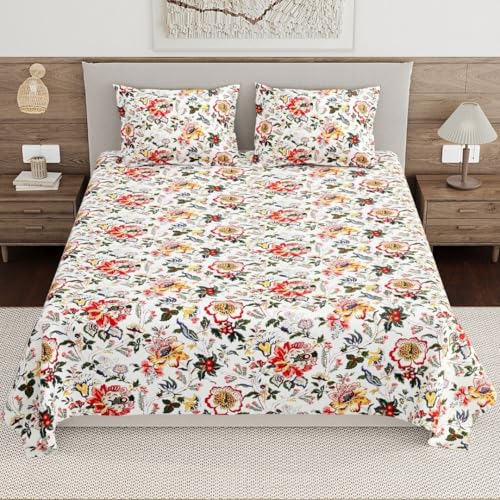 Image of Living Roots Ethnic Jaipur Block Print Double Cotton Bedsheet & 2 Pillow Covers, for Mattress Upto 6 inches Thick, No Colour Bleeding, Pink Colour, King Size 90 * 108 inches, 120TC (616-A)