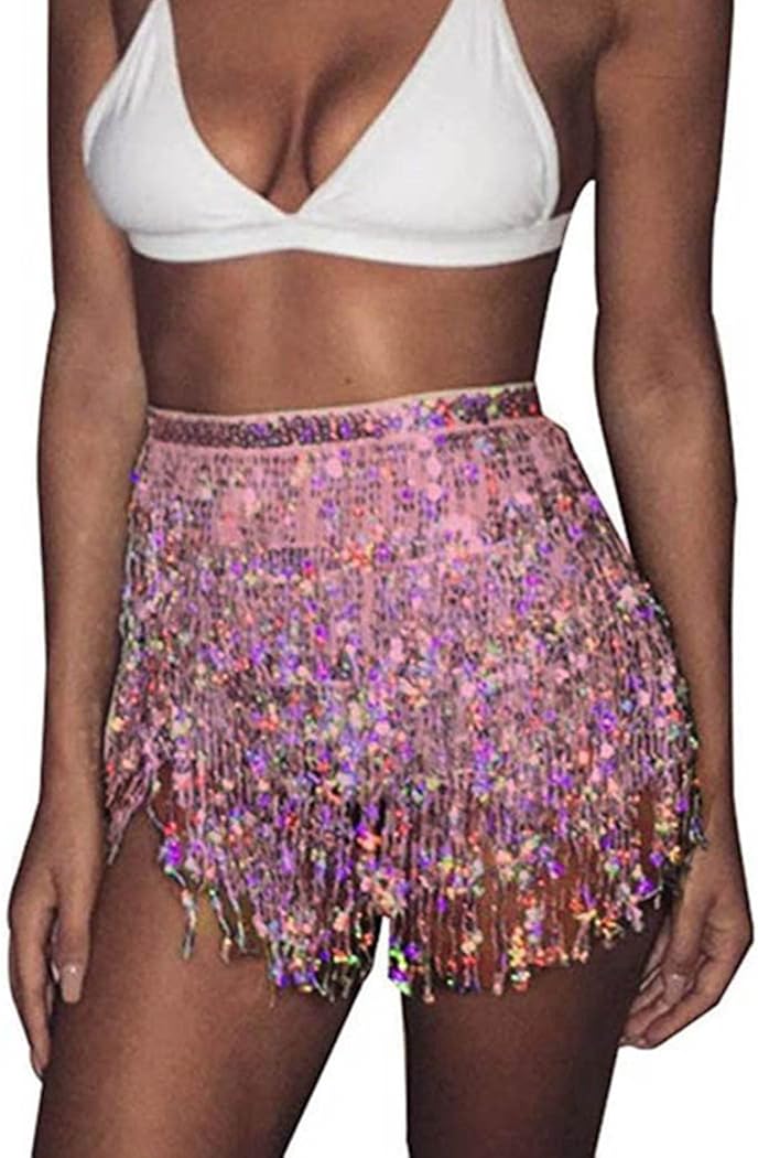 Kakaco Women Belly Dance Skirt Sequin Fringe Skirts Sparkly Hip Scarf Skirt Fashion Party Skirt Costume