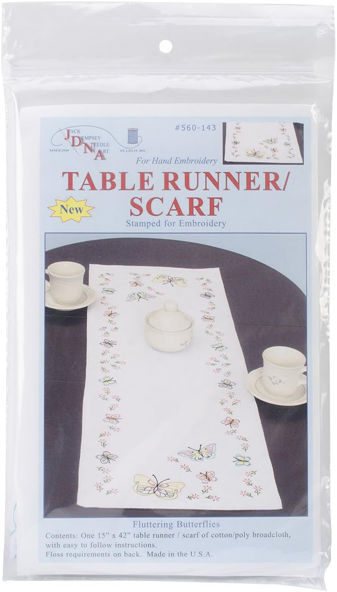 Jack Dempsey Stamped Table Runner/Scarf, 15-Inch by 42-Inch, Fluttering Butterflies