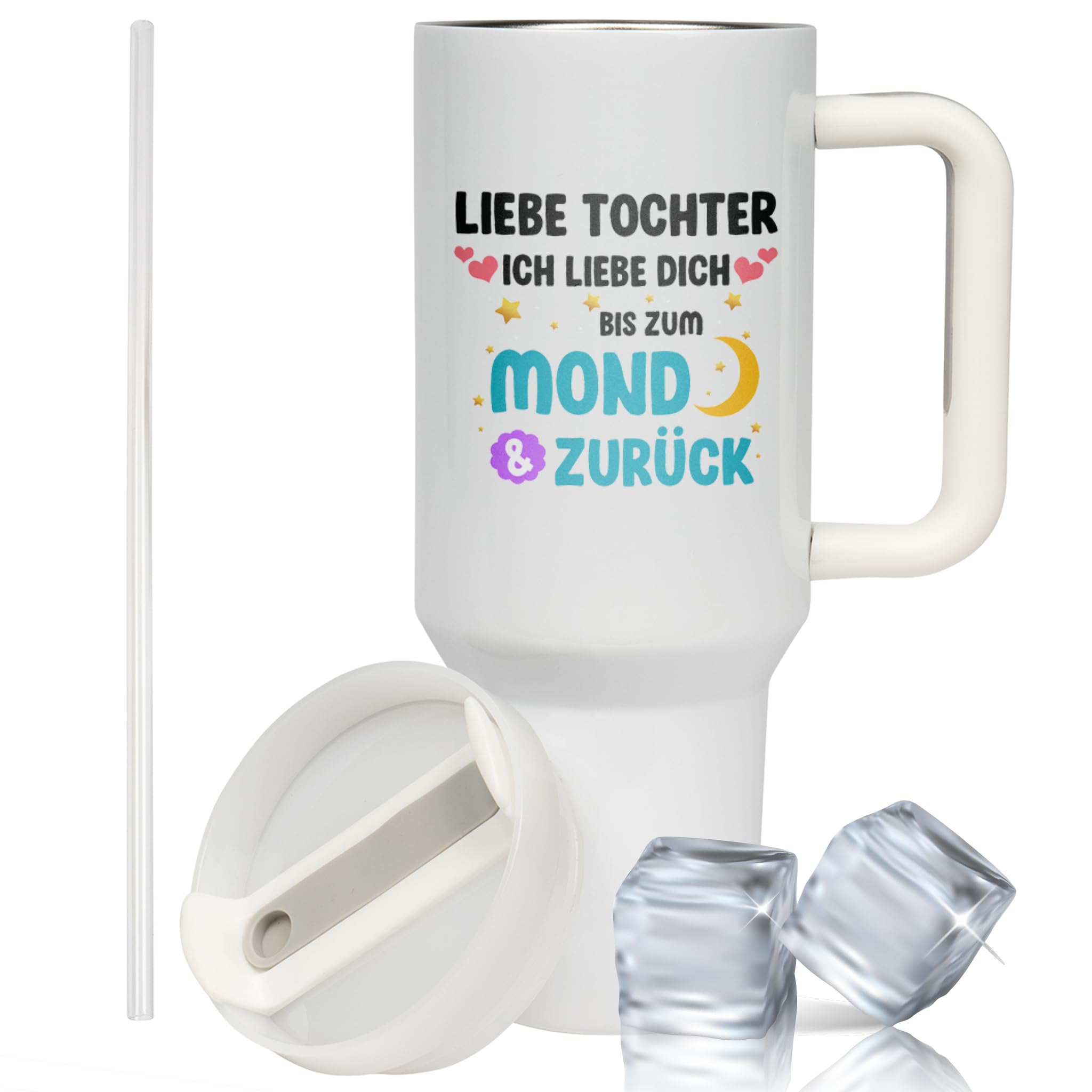 XXL Thermobecher für Tochter – Geschenk zum Geburtstag & Weihnachten – Edelstahl Trinkflasche, Weiß mit Spruch Liebe dich bis zum Mond & zurück (WIEDERVERWENDBAR)