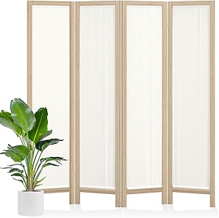 Linen Room Divider Privacy Screen, Foldable Wood Frame Partition Room Dividers with Removable Linen Fabric Curtain, Room Divider Panel, Zero Assembly for Home, Office, or Studio Natural 4 Panel