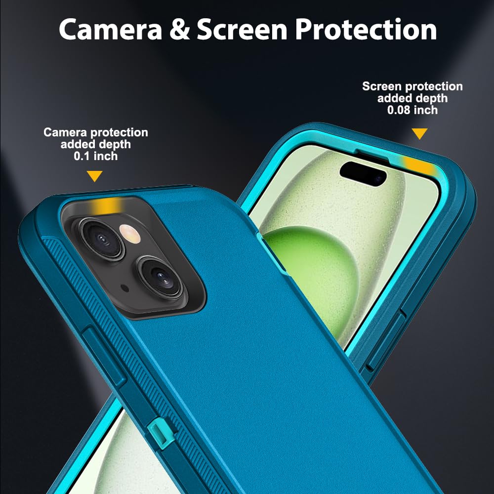 Funda para iPhone 15 Plus con 2 protectores de pantalla de vidrio templado y 1 protector de lente de cámara, grado militar, 3 en 1, resistente, a prueba de golpes, caídas y polvo (azul