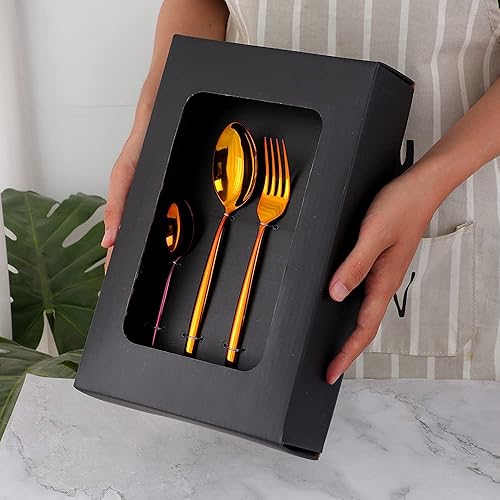 Miniatura 8 de Buyer Star - Juego de cubiertos (20 piezas, acero inoxidable, cubiertos para 5 platos, vajilla dorada, con caja de regalo, acabado espejo)