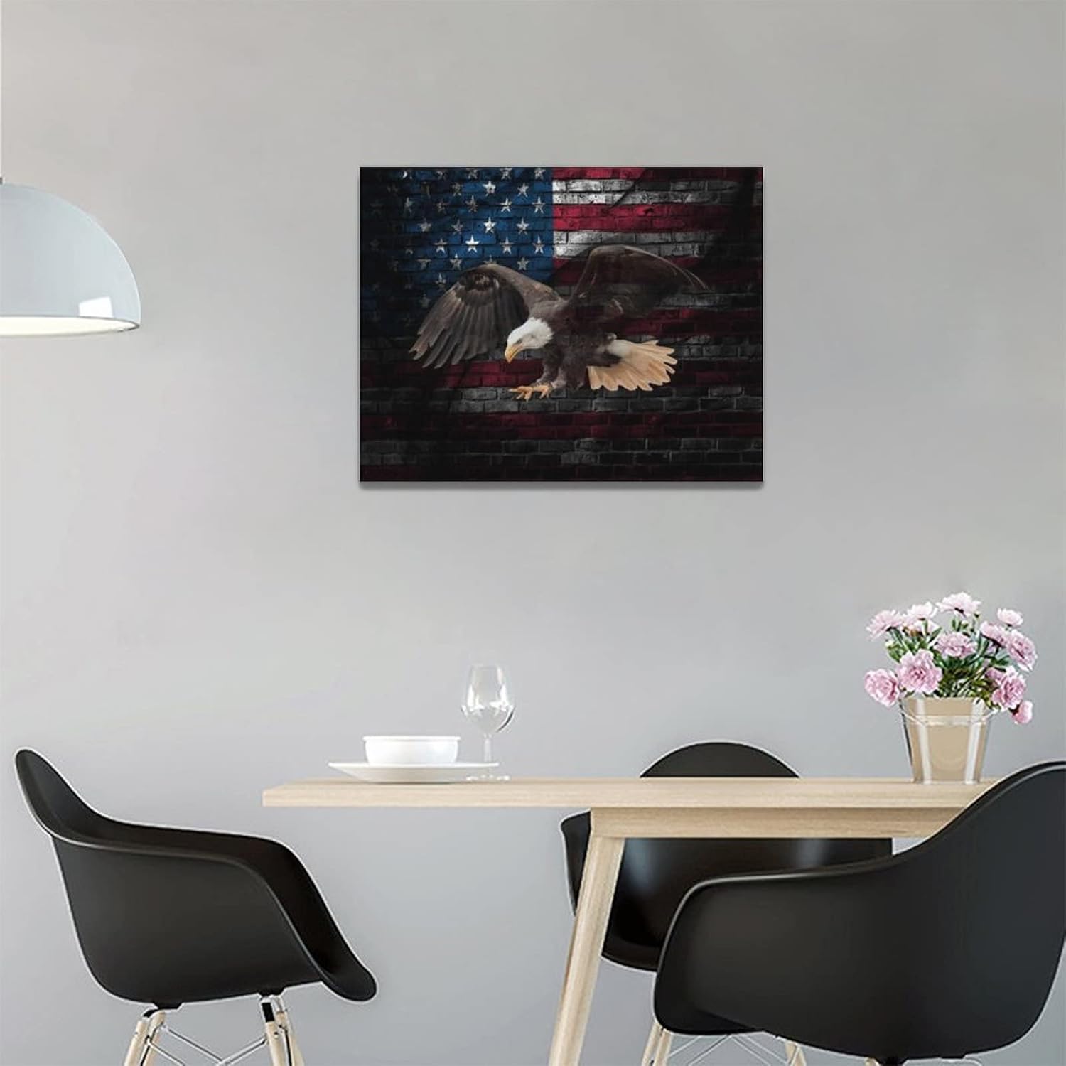 American Flag with Bald Eagle Wall Art Retro Brick Wall Flag Wall Decor Blue Red Line Canvas Prints Artwork Eagle Patriotic Pictures Home Decor Framed Ready to Hang for Home Office 12"x16"