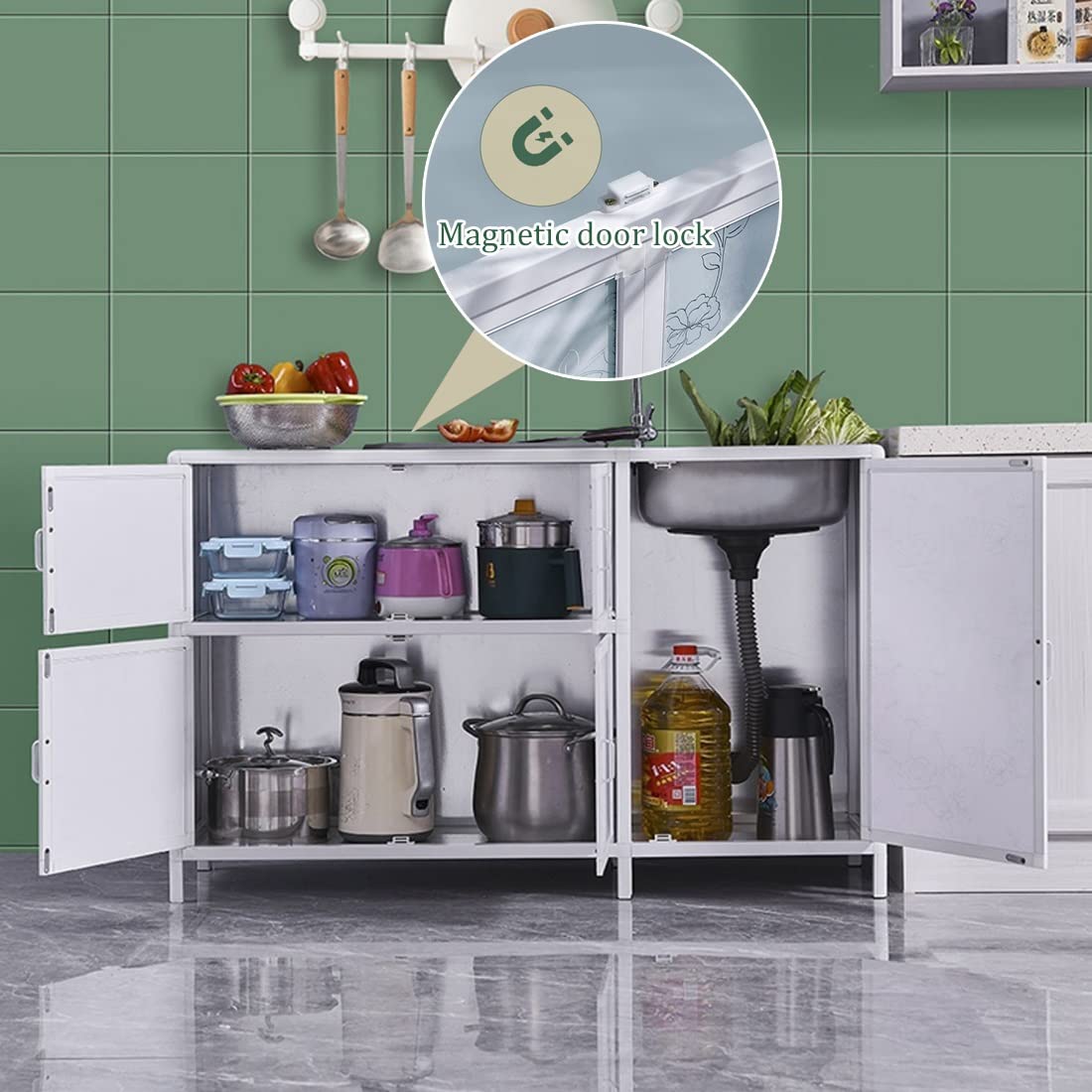 Meuble sous-évier Utilitaire en Acier Inoxydable, Station de Lavage des Mains pour Cuisine Professionnelle, bac Unique avec arrivée d'eau Chaude et Froide, pour buanderie intérieur