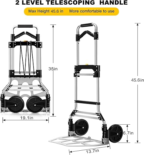 Miniatura 5 de Carrito de mano plegable de 330 libras de capacidad, carrito de aluminio portátil con mango telescópico y ruedas de goma para moverse, compras,