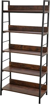 Homdox 5 Tier Ladder Shelf, Industrial Bookshelf Wood and Metal Bookcase, Plant Flower Stand Rack Book Rack Storage Shelves for Home Decor