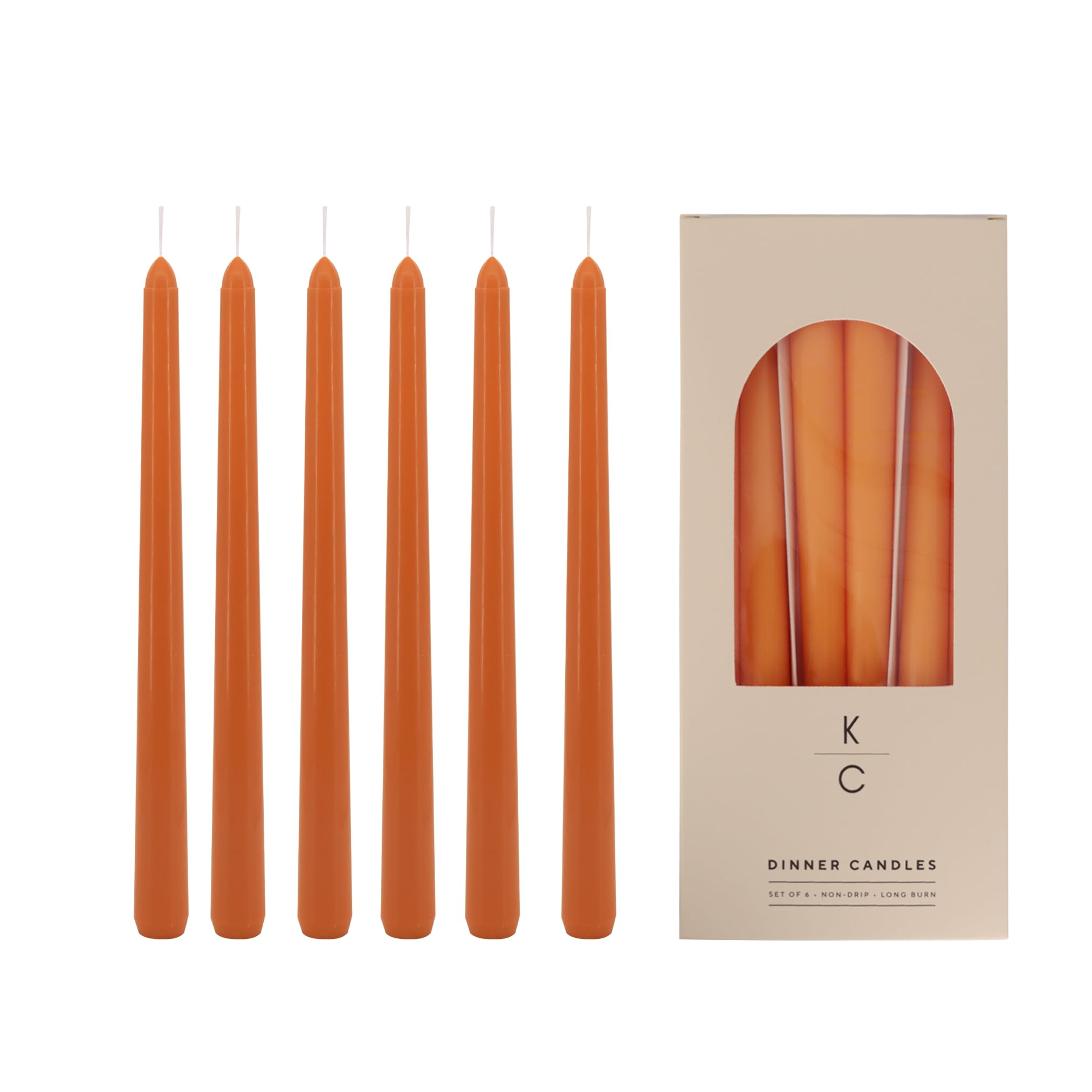 Tapered Dinner Candles, Pack of 6 – Soy &amp; Paraffin Wax Blend, 10-Inch Dripless Taper Candles with 7-Hr. Clean Burn – Smokeless Unscented Tapers for Weddings, Dinner Tables &amp; Home Decor – Orange