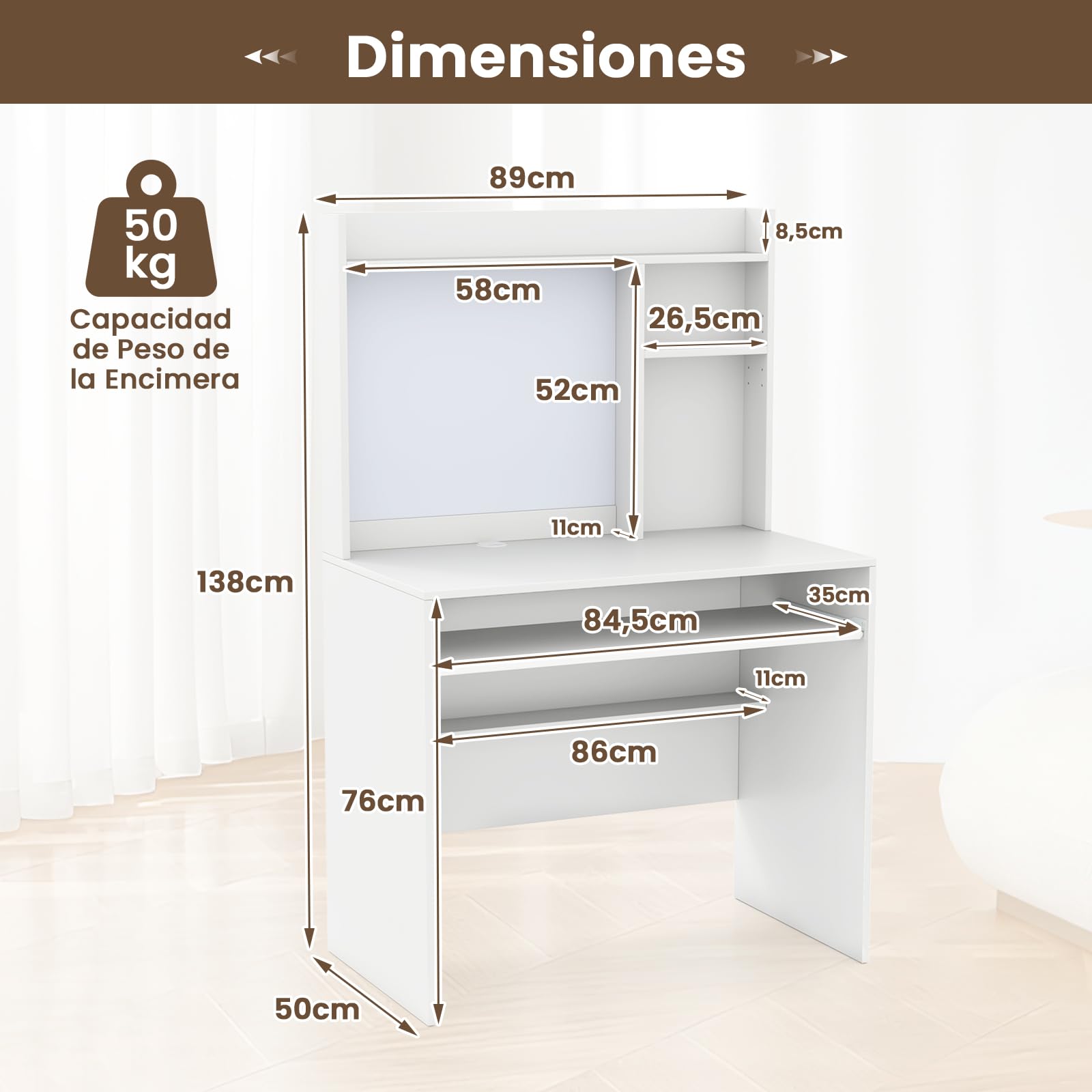 GIANTEX Escritorio de Ordenador con Estantería, Escritorio de Madera con Bandeja de Teclado, Estantes Abiertos y Tablero Magnético, 89 x 50 x 138 cm, para Dormitorio, Oficina (Blanco)