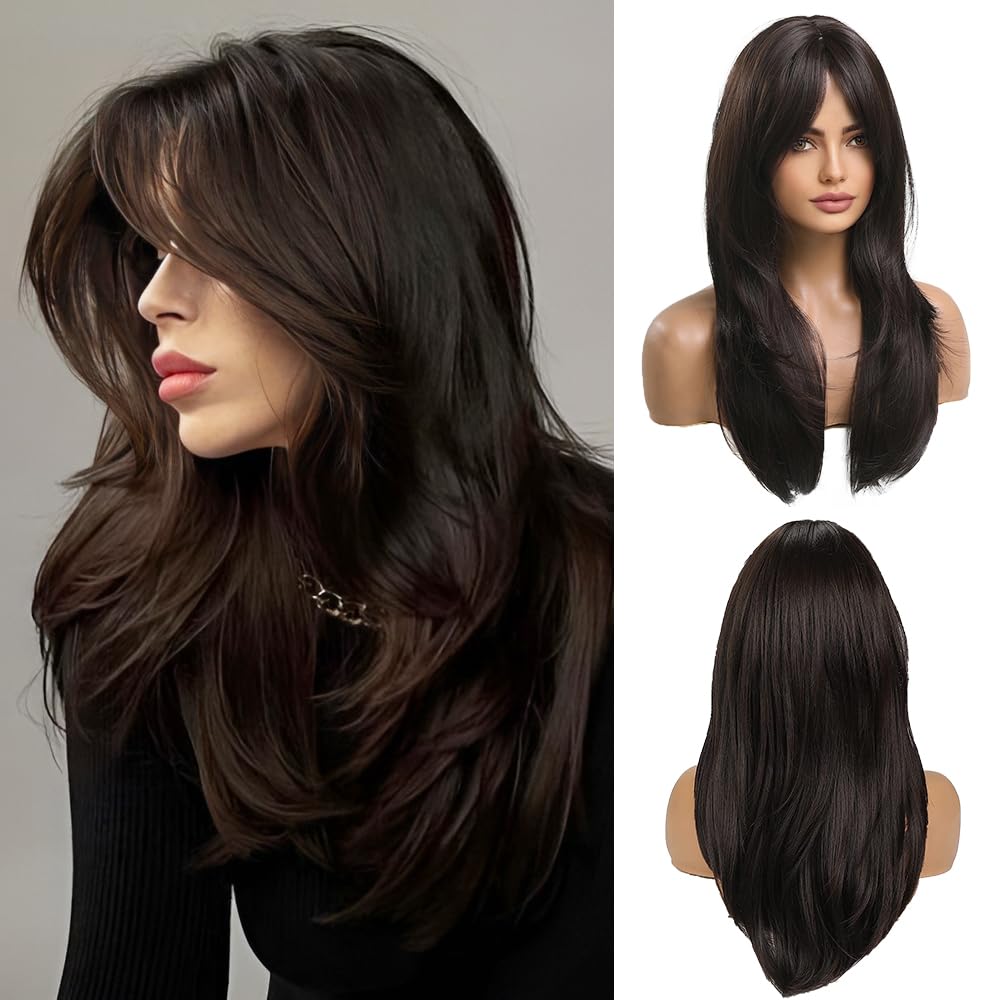 20 Pouces Longues Droites Marron Foncé Dégradé Cheveux Synthétiques Perruques avec Franges pour Les Femmes Utilisation Quotidienne pour Les Fêtes