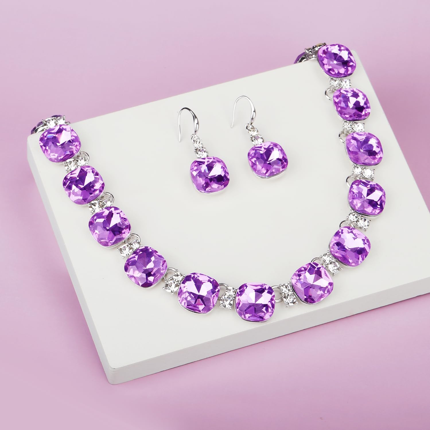 Clear Purple Austrian Crystal Wedding Bridal Jewelry Set for Brides Bridesmaid, Gemstone Statement Necklace and Earring Set Formal Prom Jewelry Set for Silver-Tone Fit With Wedding Evening Dress - Image 4