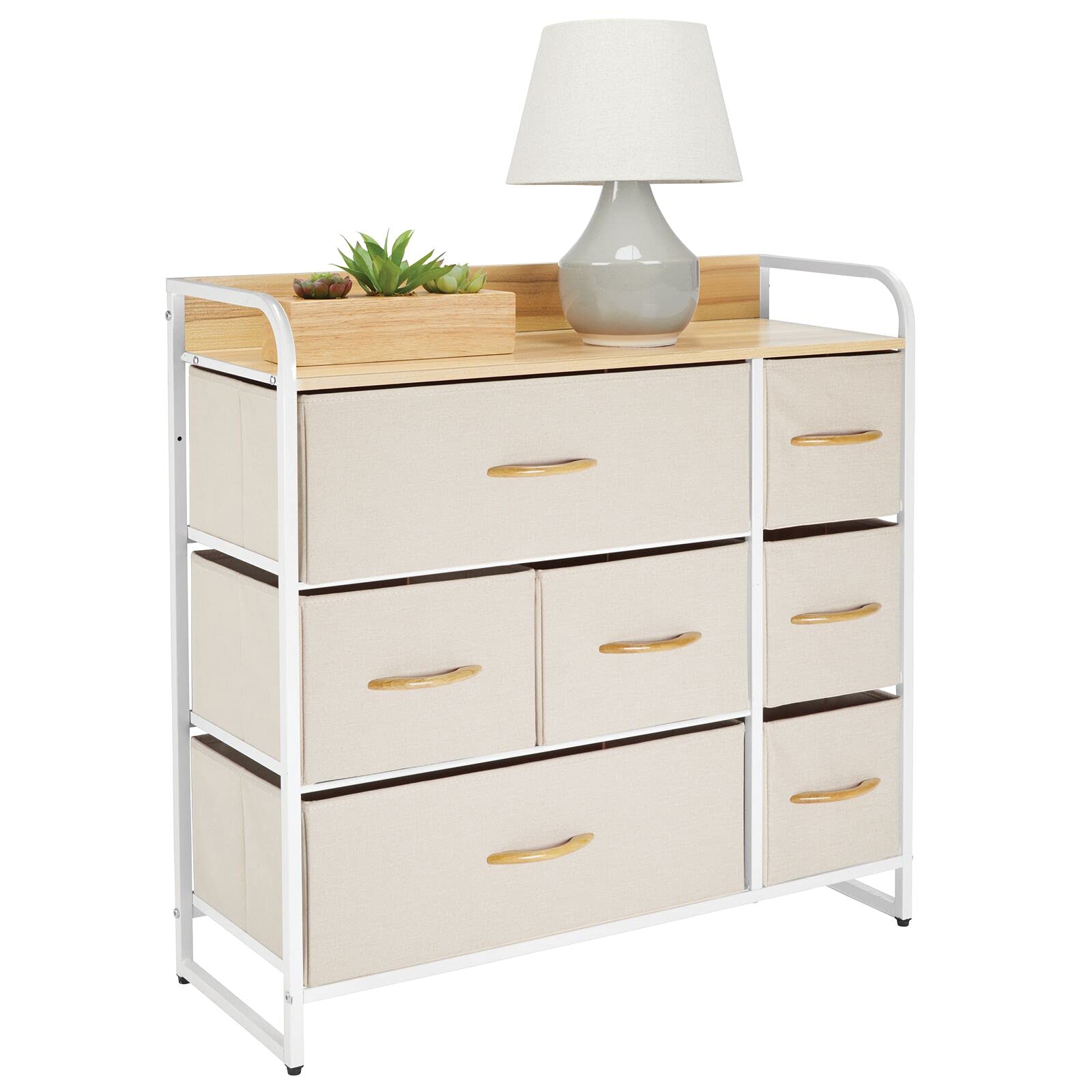 mDesign30.9" High Steel Frame/Wood Top Storage Dresser Furniture Unit with 7 Removable Fabric Drawers - Large Bureau Organizer for Bedroom, Living Room, Closet - Cream/White