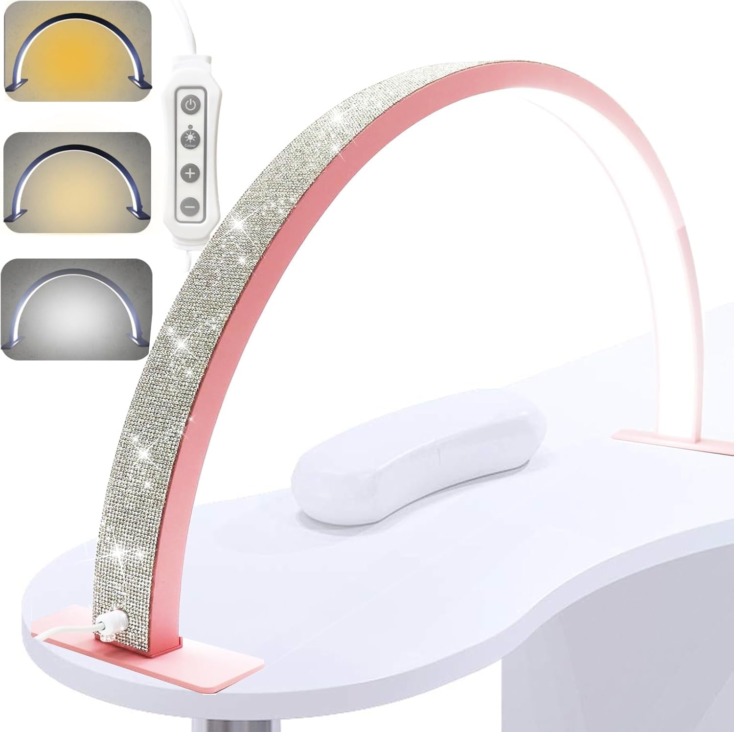 Store2508 52cm Half Moon Light with Glitter Rhinestones for Nail Desk, Lash Light Led Nail Tech Lamp Half Moon Light Table Lamp Desk Lamp for Nail Lash Eyelash Extension Tattoo Eyebrows Pink-image-26