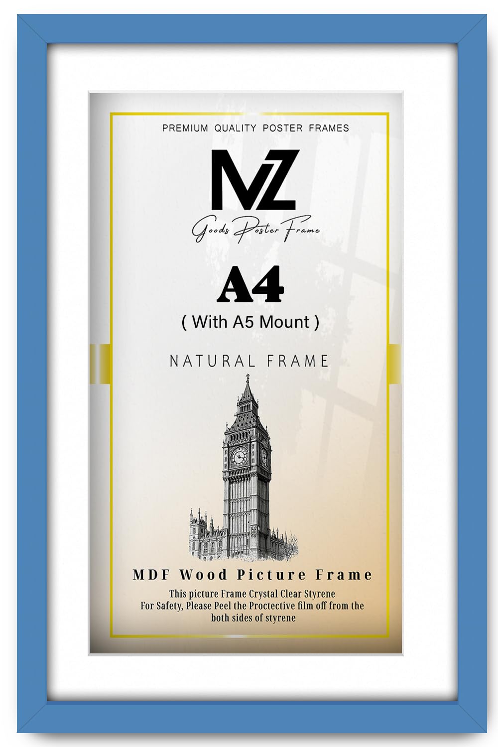 MZ GOODS | MDF Stylish Home Décor Frame A4 (21.00 x 29.70 cm) With A5 (210 x 148 mm) White Mount Engineered Wood | 11 Inch x 8 Inch Painting, Art Print, Wall Picture Frame [ Blue ]