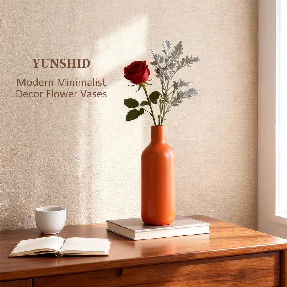 Matte Orange Vase Set of 6 - Bud Vases in Bulk, Modern Minimalist Flower Vases for Home Decor, Ceramic Mantle Vase Set, Rustic & Boho Centerpiece Vases for Entryway Table, Shelf, Living, or Bathroom