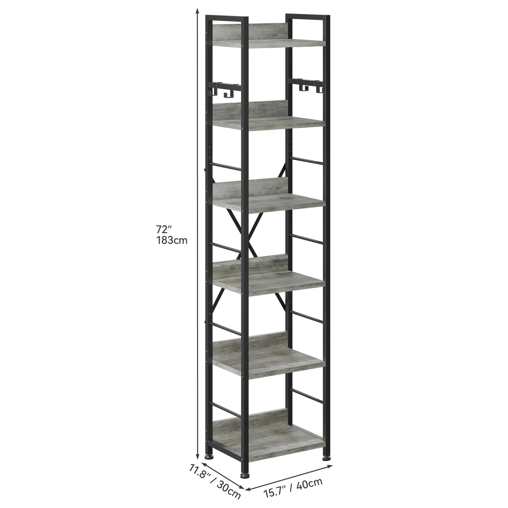 YITAHOME Bücherregal mit 6 Ebenen, Industrielles Standregal, Metallrahmen und Holzregale, Hohes Lagerregal mit 4 Haken, Präsentationsorganizer, für Wohnzimmer, Heimbüro, Grau Regal