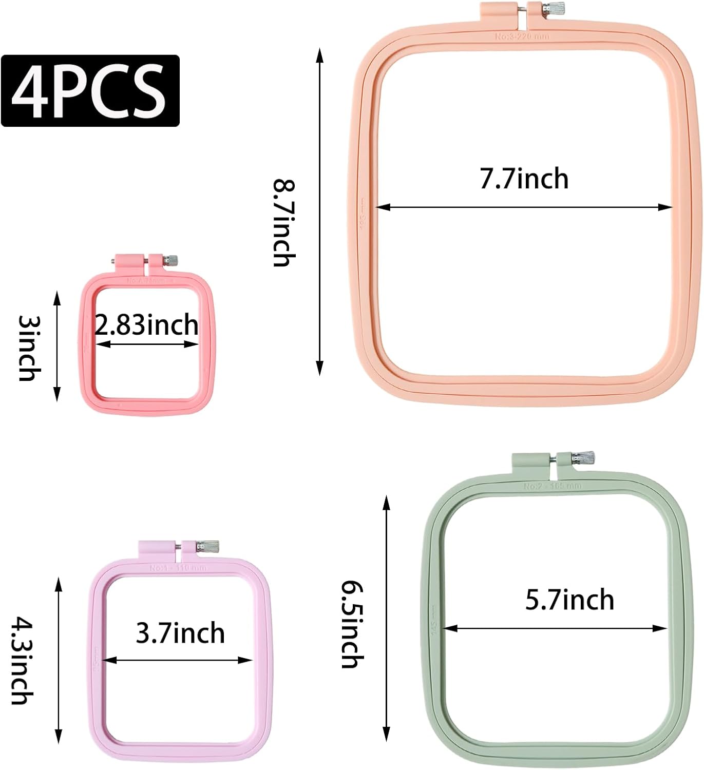 WINDAWNKE 5 Pack Square Embroidery Hoops, ABS Plastic Cross Stitch Hoop for Sewing, Needlework, Embroidery Projects (3", 4.3", 6.5", 8.7", 11")