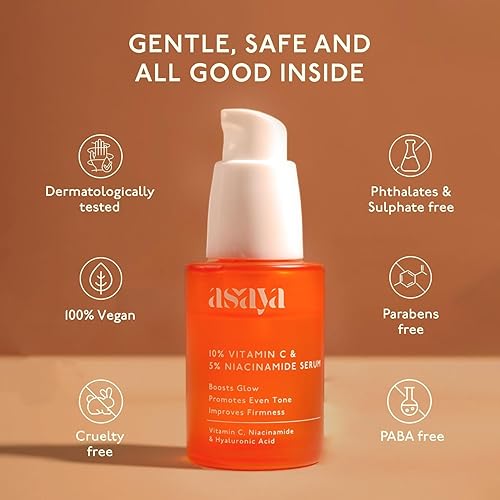 Miniatura 6 de Asay Suero facial con vitamina C al 10% con 5% de niacinamida y ácido hialurónico, fórmula ligera y no pegajosa, para todo tipo de piel, uso diario,