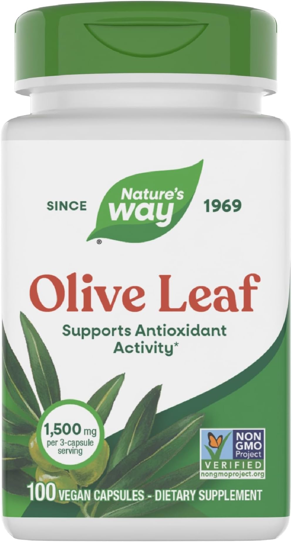 Nature's Way Olive Leaf, Supports Antioxidant Activity*, Olive Leaf Herbal Capsules, 1,500 mg per 3-Capsule Serving, Non-GMO Project Verified, Gluten Free, 100 Vegan Capsules (Packaging May Vary)