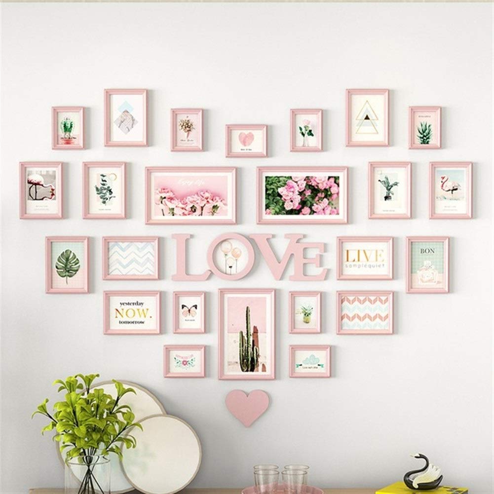 Bilderrahmen Wand Tischrahmen Bilderrahmen Set Sweet Heart Design Holz Wandbehang 24X Luxus Bilderrahmen- Kombination for Hochzeitsdeko-Foto-Rahmen, 4 Farben Bilderrahmen Set Verschiedene Größen(Roze)