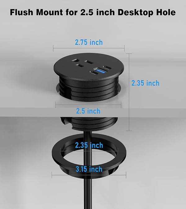 Desk Grommet Power Outlet, 2.5 inch Desktop Recessed Outlet with 20W Fast Charging USB-C Port, Flush Mount Outlet for Conference Rooms, Office Tables, Furniture (Black, 6FT) by VILONG - Image 7