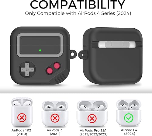 Miniatura 2 de Funda de silicona con diseño de juego 2024 para Apple AirPods 4 Gen con cancelación activa de ruido, bonita funda para mujereshombres (negro)