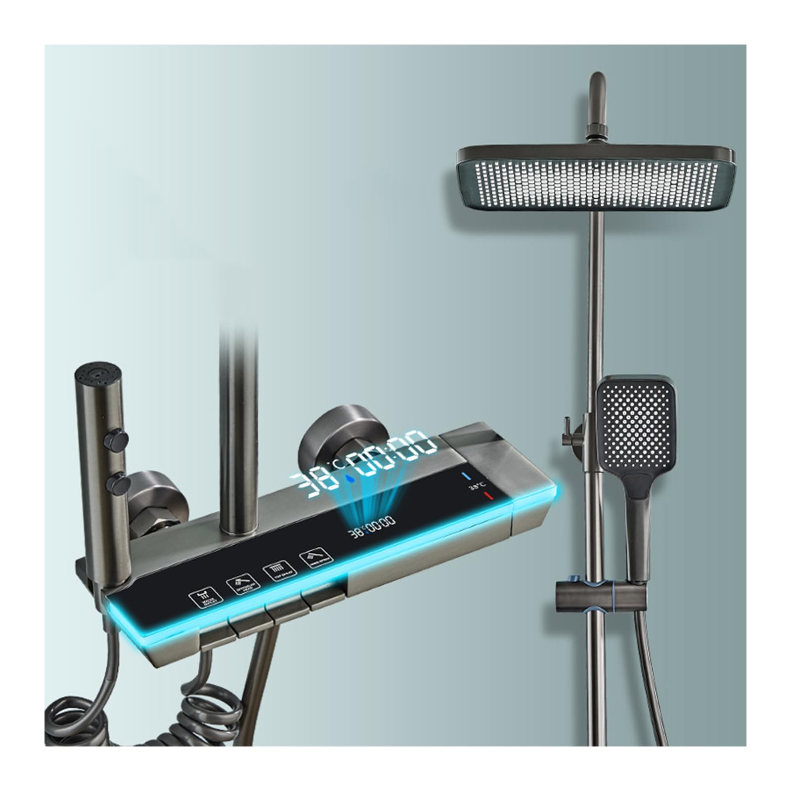 Système de douche thermostatique gris avec robinet de baignoire et douchette