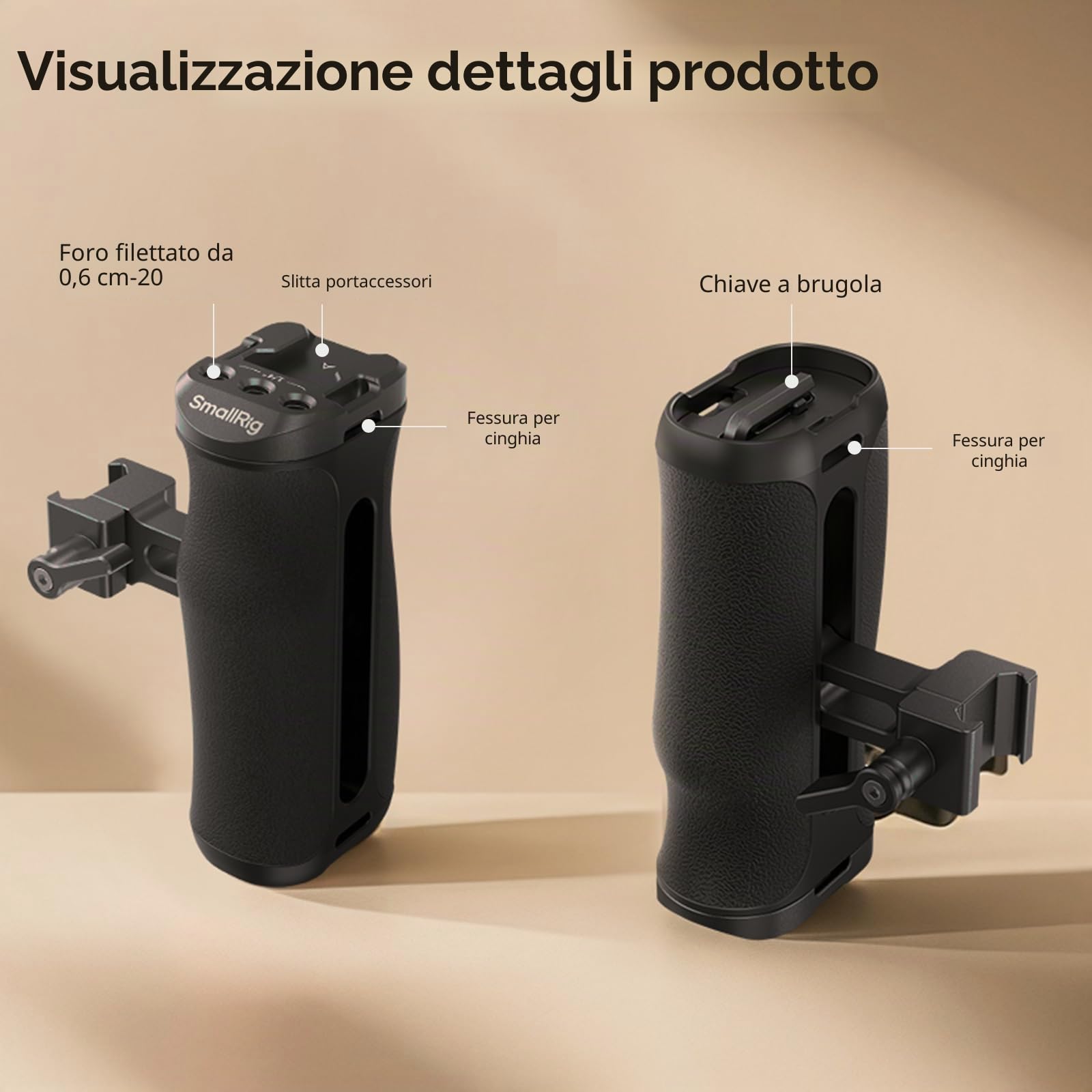 SMALLRIG Maniglia Laterale NATO Piccola per Gabbie per Fotocamera, 43 mm Regolabile su e Giù, Foro Filettato 1/4"-20 Integrato, Foro per Cinghia, Slitta Fredda - 4840