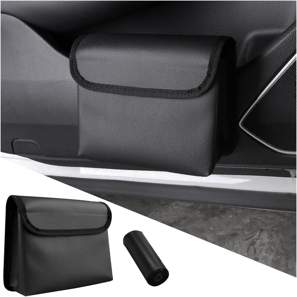 Car Trash Can, Magnetic Leather Vehicle Hanging Dustbin Container with Lid, Foldable Waterproof Leakproof Automotive Suspended Garbage Storage Box, Universal for SUV, Truck, RV