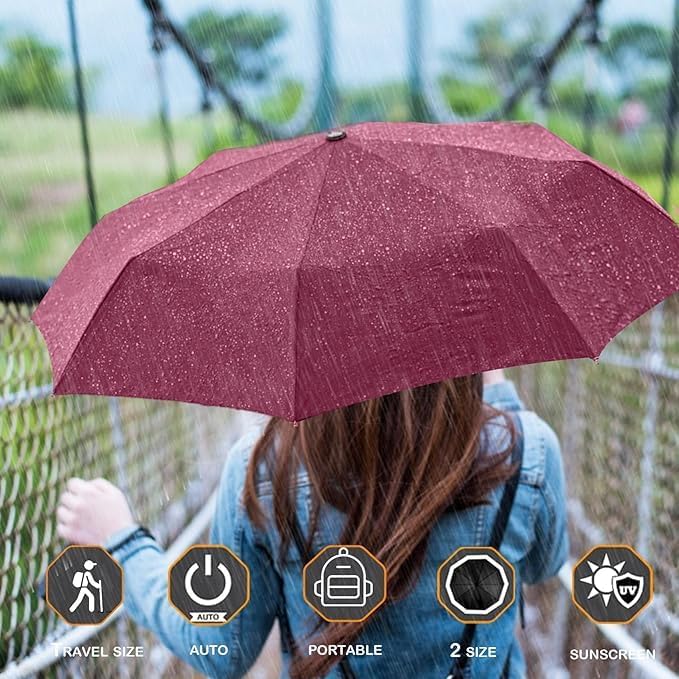 Image of MRTLLOA Automatic Large Size Foldable Umbrella with Travel Cover for Man and women - 3 fold Windproof Umbrella (MAROON)