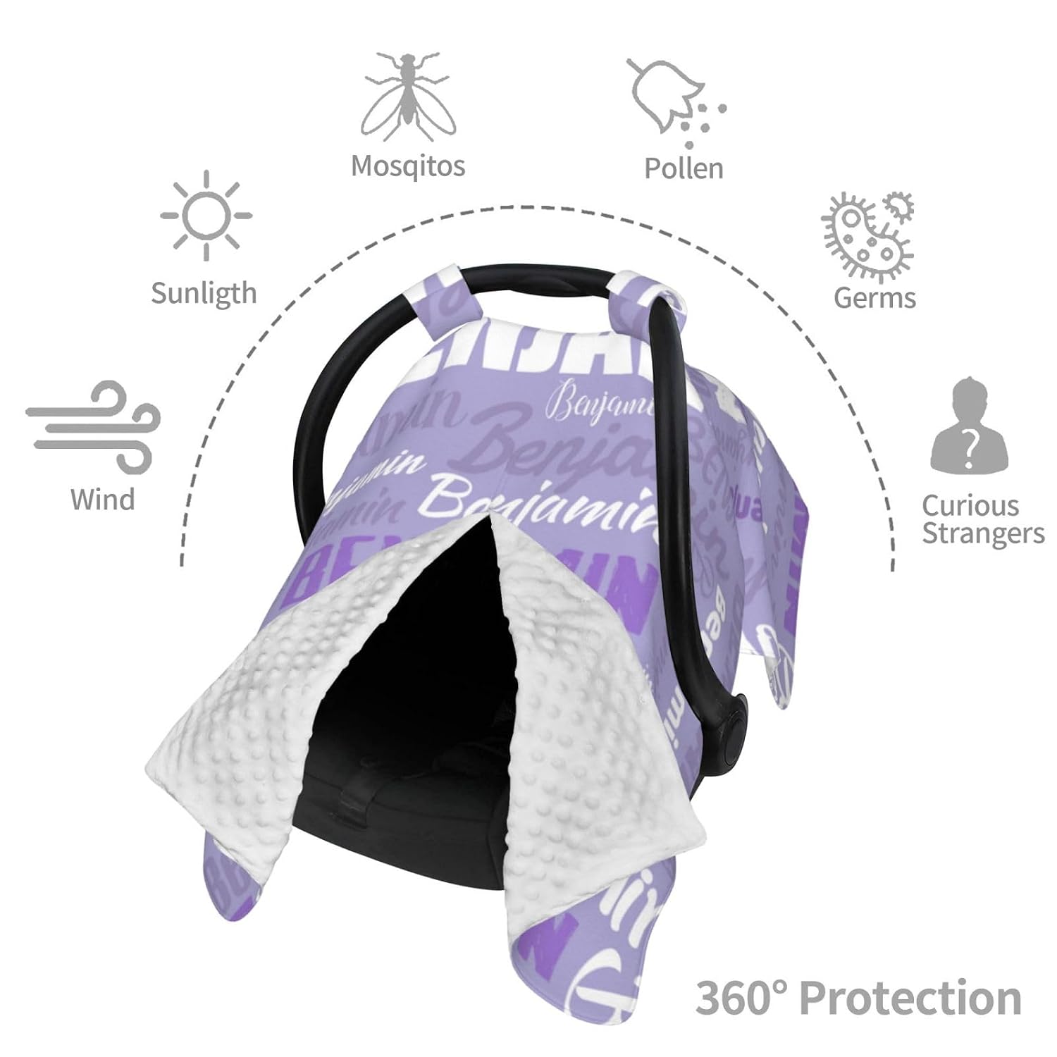 Personalized Baby Car Seat Canopy for Babies, Custom Name Baby Car Seats Covers for Boys Girls, Opening Minky Nursing Breastfeeding Cover for Infant, Carseat Canopies for Newborn (Light Purple)
