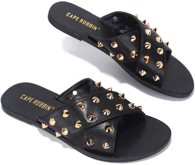 Cape Robbin Sandals Slides for Women, Studded Womens Mules Slip On Shoes (Black, Numeric_8)