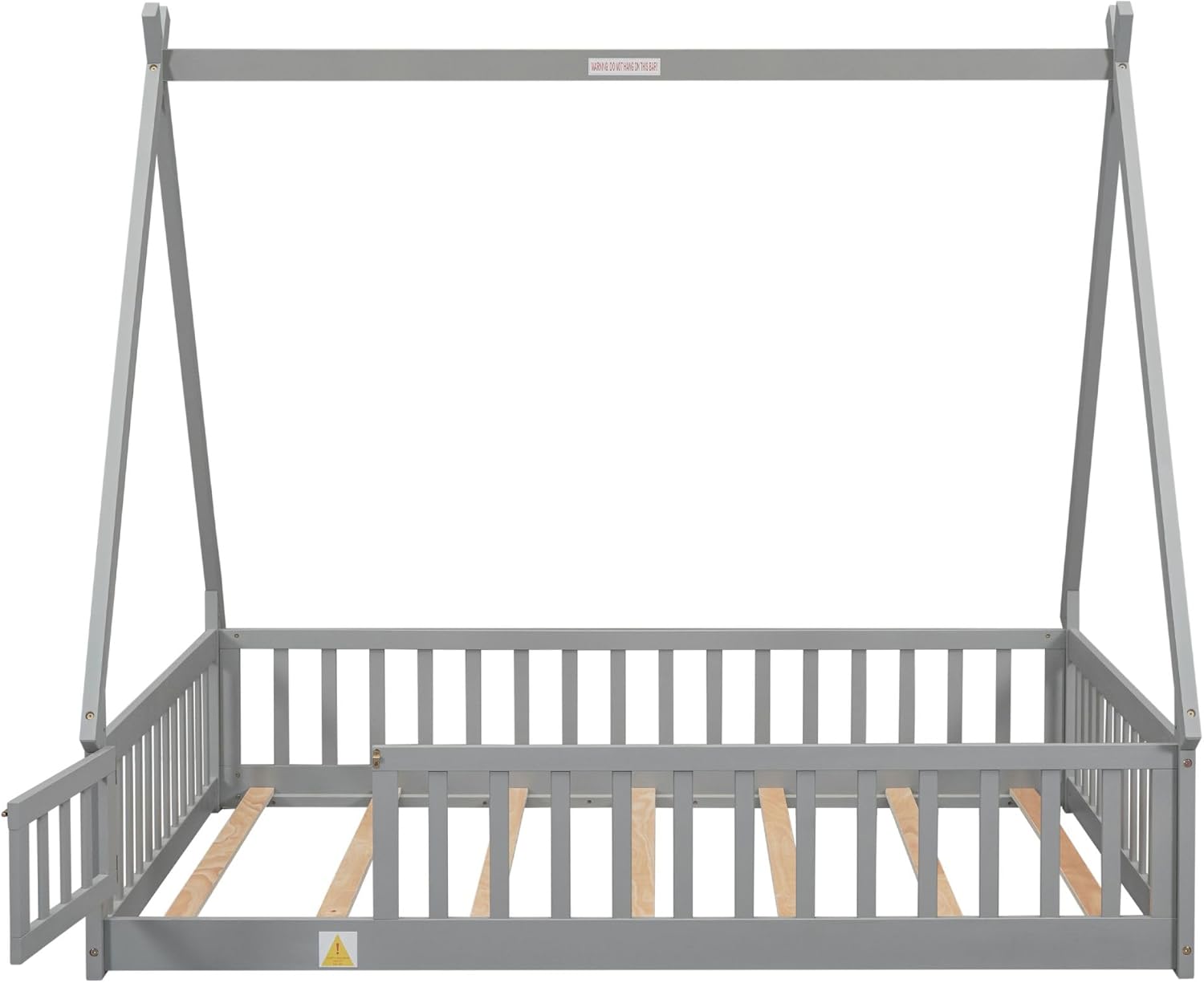 Full Size Tent-Shaped Floor Bed, Wood Platform Bed Frame Mattress Foundation Sleigh Bed with Guardrails, Slats, Door/Wood Slat Support for Teens, Adults, Dorm, Bedroom, Guest(Gray, Full)