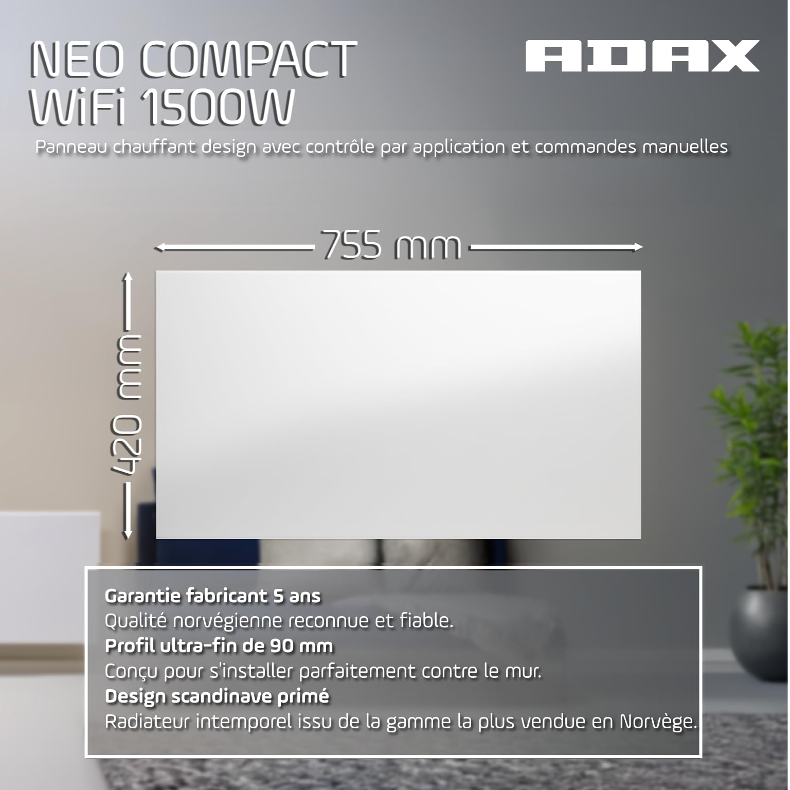 Adax Neo Compact - Radiateur Electrique Mural Intelligent Wi-Fi avec Commande par Smartphone - 1500W | Chauffage Electrique | Chauffage d'appoint Salle de Bain | Convecteur 420mm | IP24C | Blanc