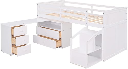 Miniatura 5 de Cama alta baja con escritorio móvil portátil cama alta de tamaño individual con cinco cajones estante abierto y escalones de almacenamiento marco de