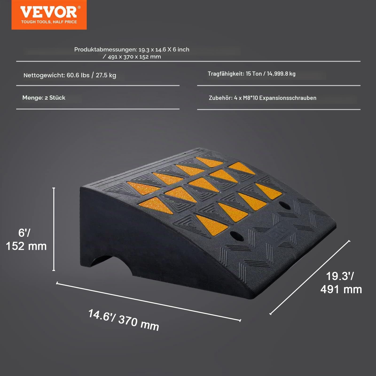 VEVOR Bordsteinrampen aus Gummi, 15,2 cm hoch, sehr robust, 15 Tonnen, Schwellenrampen mit stabiler Gitterstruktur für Autos, Rollstühle, 2 Stück