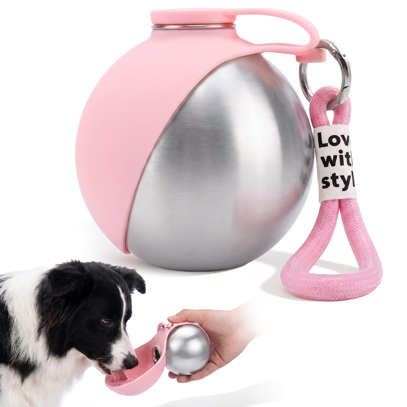 Bebedero Portátil para Perros 285ml, Botella de Acero para Perros Inoxidable Antifugas con Sistema Antirreflujo, Cuenco Plegable para Perro de Silicona, Bidón de Agua para Perro para Trekking,Viajes