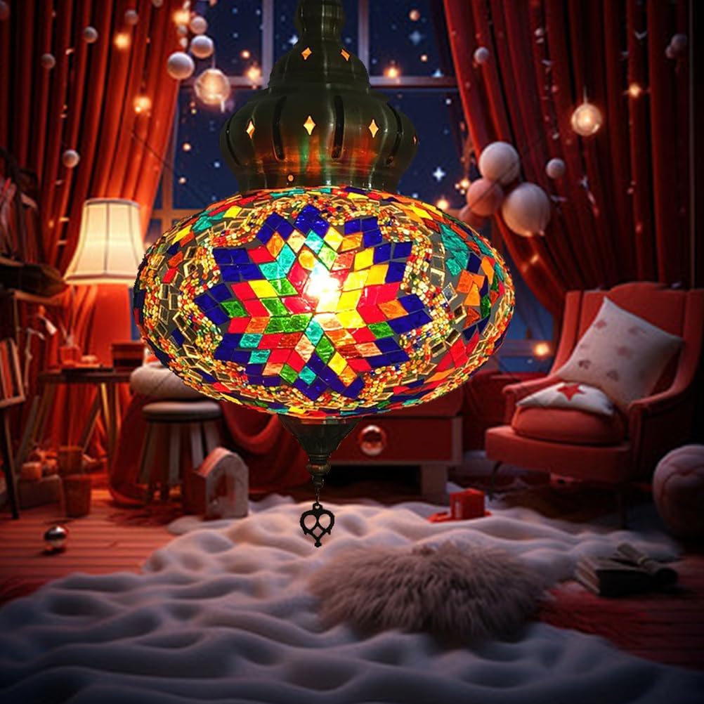 Turecka marokańska lampa wisząca z kablem o długości 4,5 m i łańcuchem, vintage mozaika, lampa sufitowa z wtyczką, do sypialni, salonu, brązowa