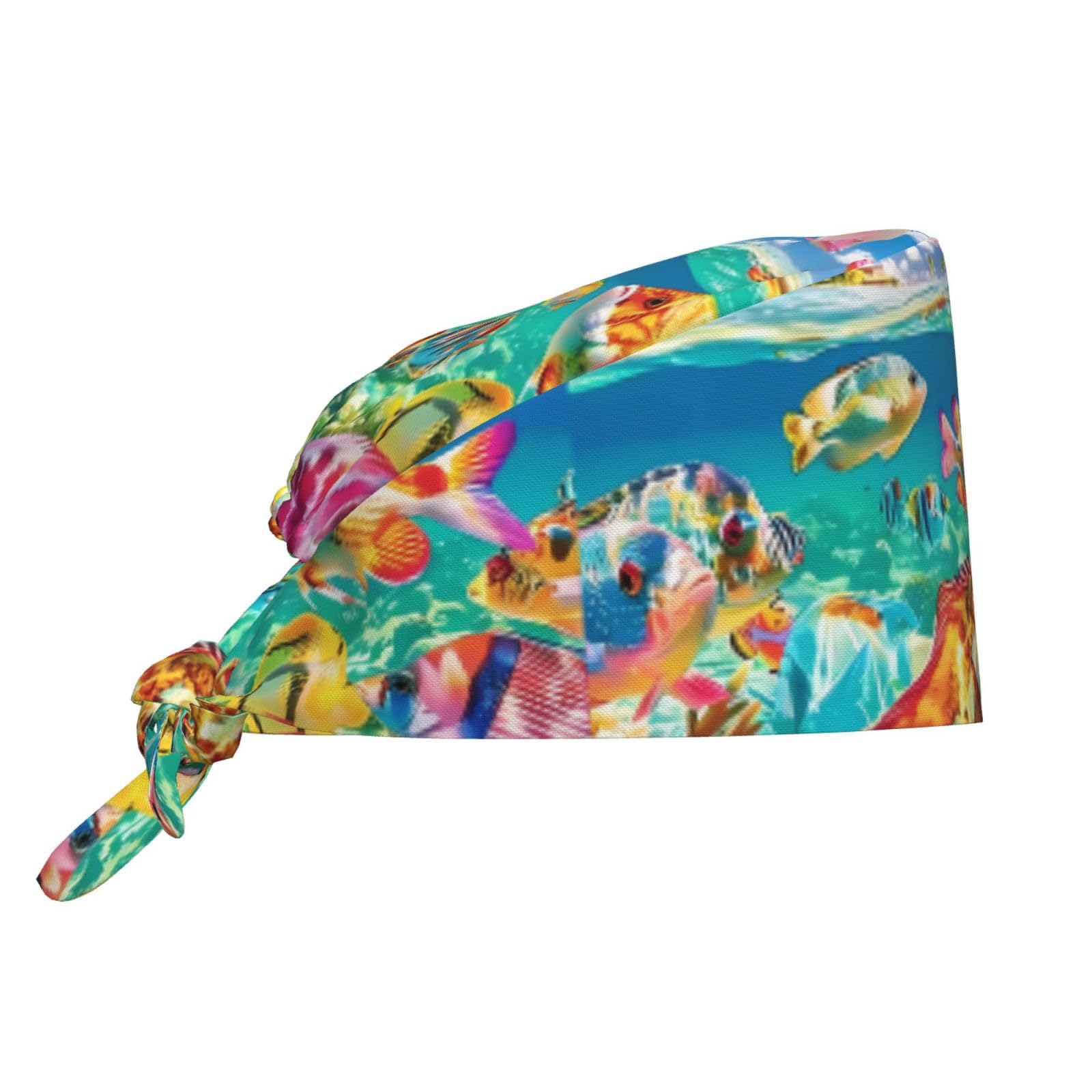 Whjshop Unisex Black Colorful Fish Picture Cleaning Working Cap Chef Hat For Women And Men, For Surgical, Nursing