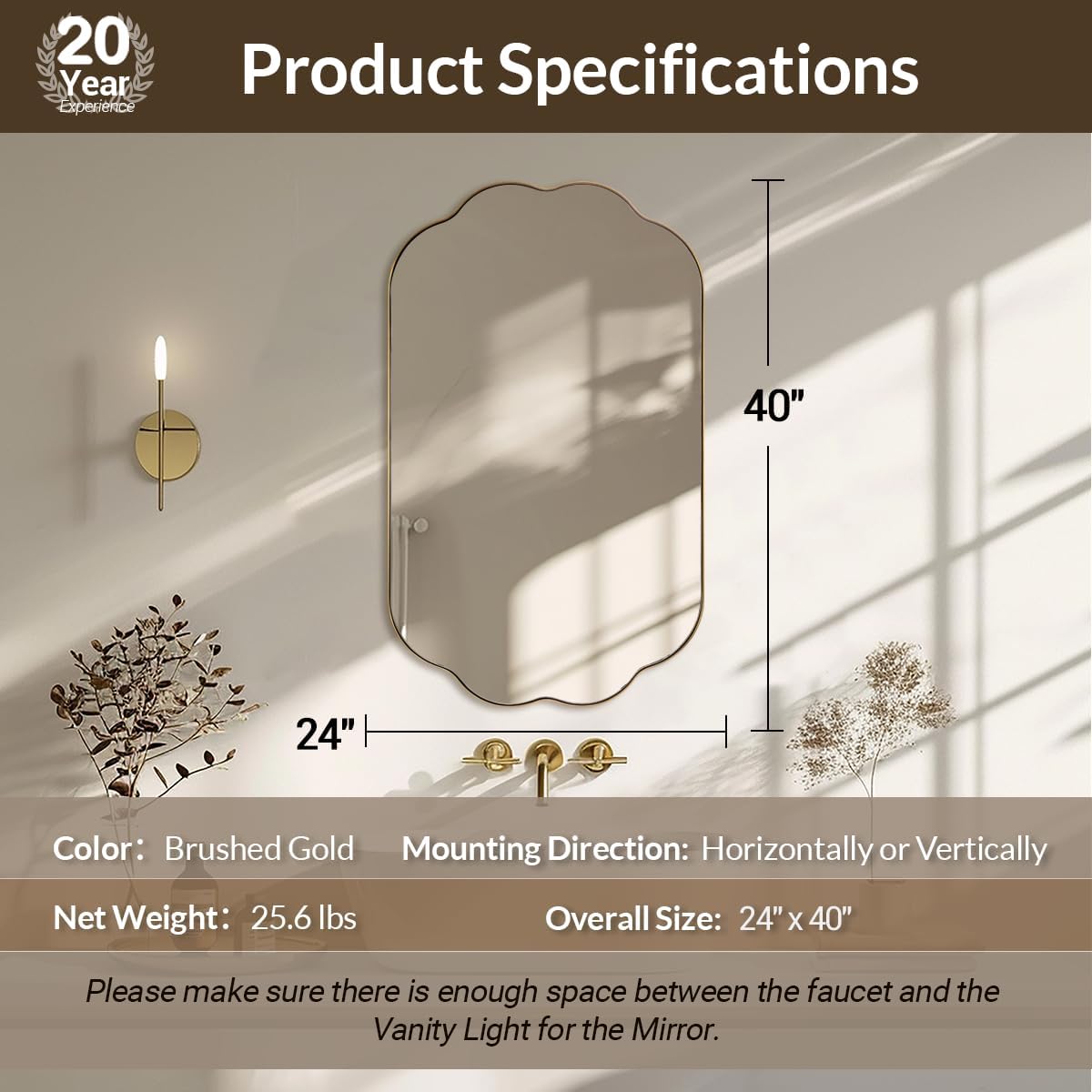 ANDY STAR Scalloped Bathroom Mirror, 24x40 Inch Brushed Gold Vanity Mirror in Stainless Steel Metal Frame, Unique Oval Mirror with Modern Curved Edge Design, Ideal for Bathroom, Bedroom, Entryway